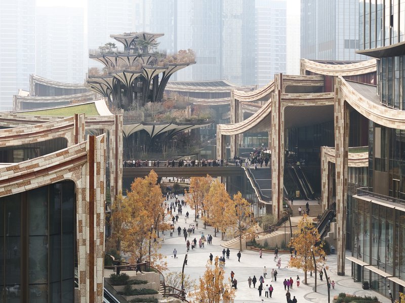Elevated view across terraced rooftops with planted areas toward central plaza lined with autumn trees