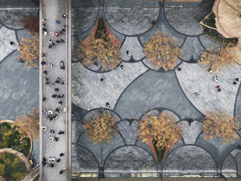 Aerial view of petal-shaped stone paving pattern with planted tree wells and scattered visitors
