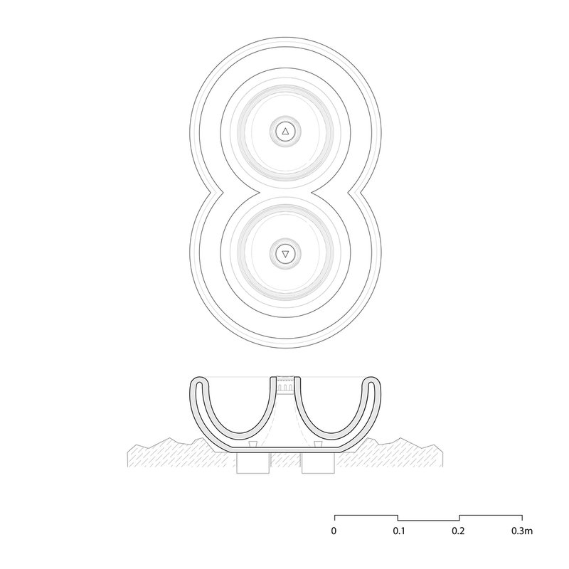 Plan and section drawing showing two circular structural elements with triangular cores and foundation detail