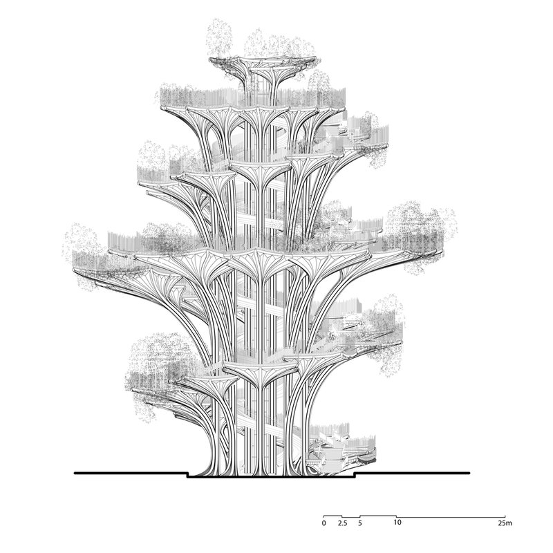 Section drawing of a multi-level structure with branching columns and planted terraces on each floor