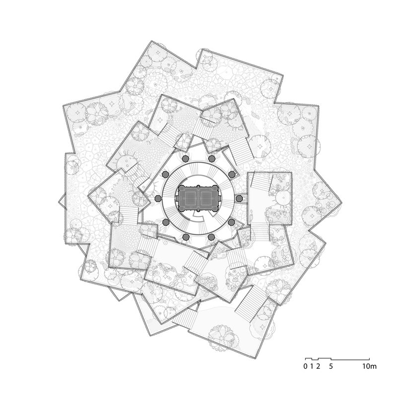 Floor plan drawing showing a pinwheel arrangement of volumes radiating from a circular central core