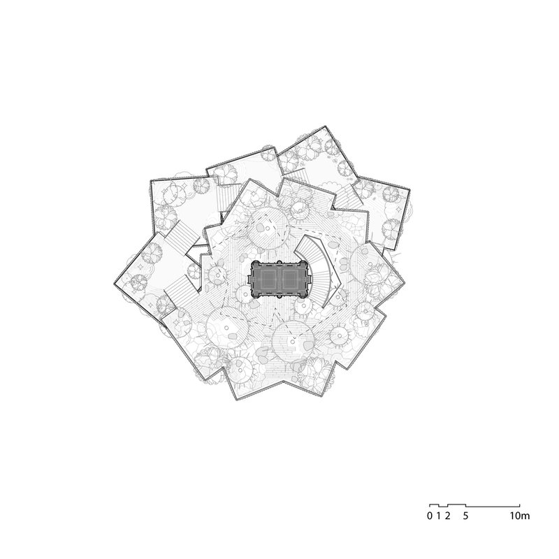 Upper level floor plan drawing with offset volumes and terraced planting around a central core