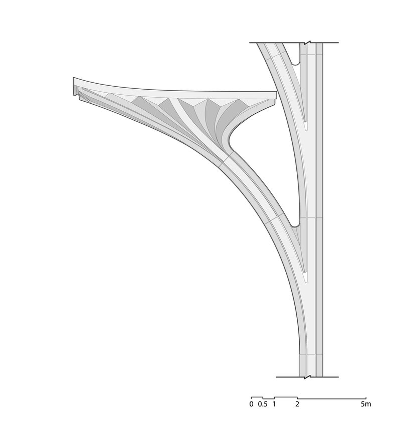 Sectional detail drawing of a branching structural column with radiating ribs supporting a horizontal beam