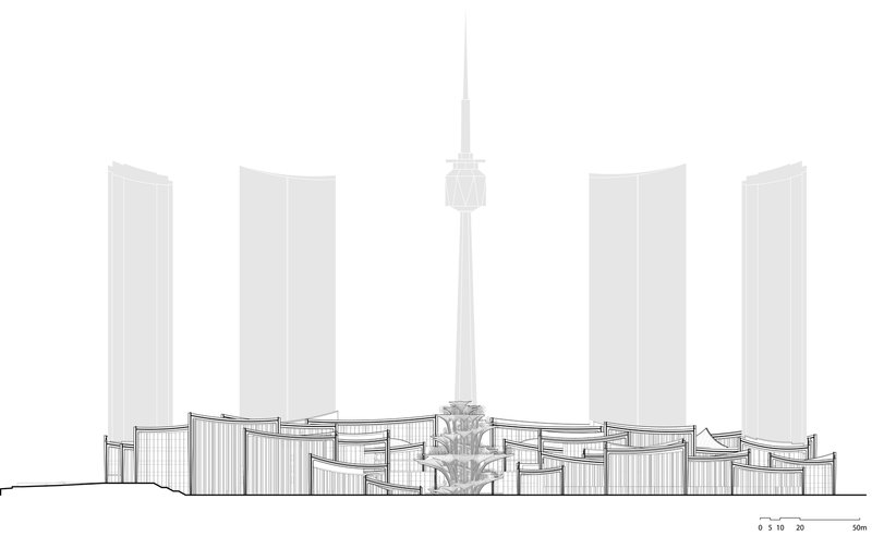 Elevation drawing of a low-rise building with curved rooflines flanked by tall towers and a central spire