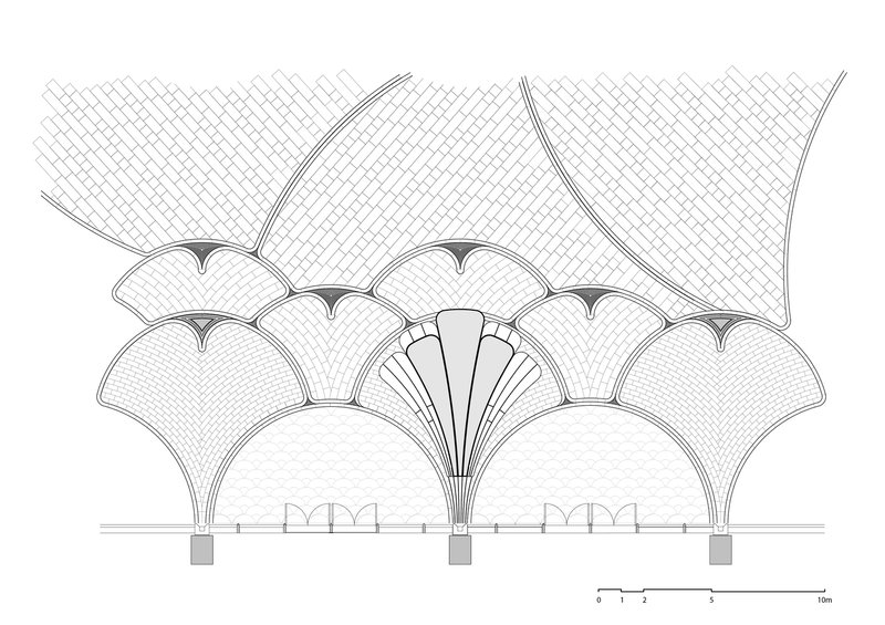 Section drawing showing repeated scalloped vaulted arches with a central fan-shaped column and cable roof supports