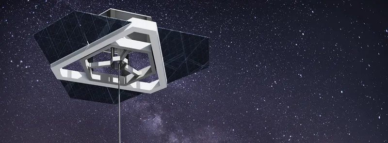 The Anchor's triangular structure floating at the top of the space elevator cable, with stars and the Milky Way behind