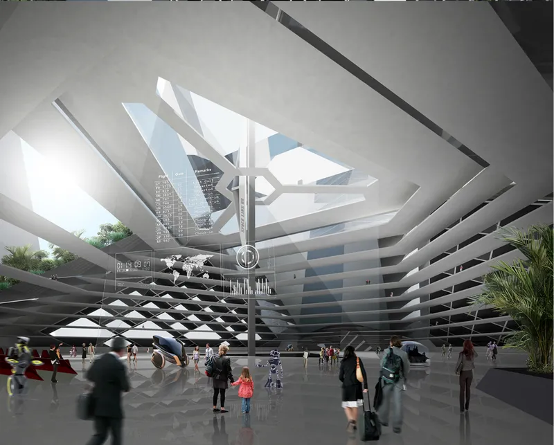 Ground-level transit atrium with angular folded ceiling, departure screens, pedestrians, and a central information column