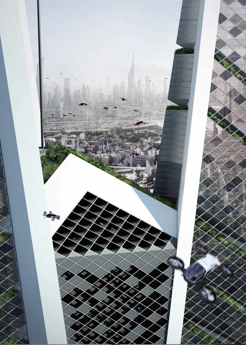 Aerial view of the flying car terminal: a gridded parking deck for personal vehicles, green terraces on adjacent towers, and drones above the city skyline