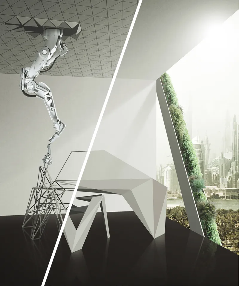 Split view: a robotic arm 3D-printing a structural wireframe in a fabrication lab (left) and a vertical green facade cascading down the tower exterior (right)