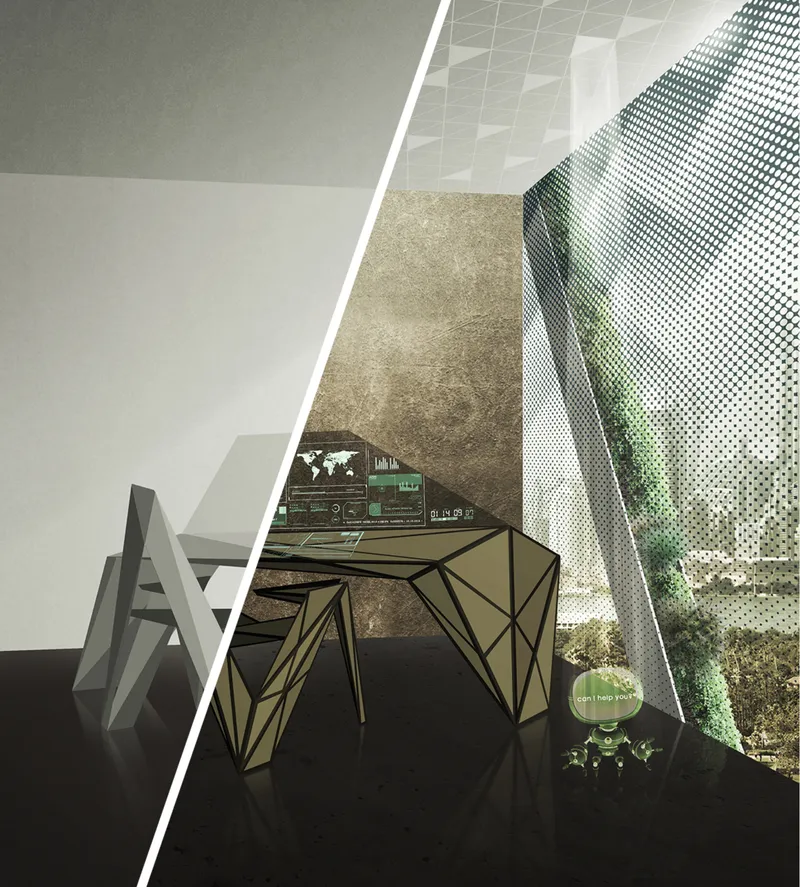 Split view: an angular faceted desk in a research workspace (left) and a perforated facade with vertical gardens filtering light into an interior (right)