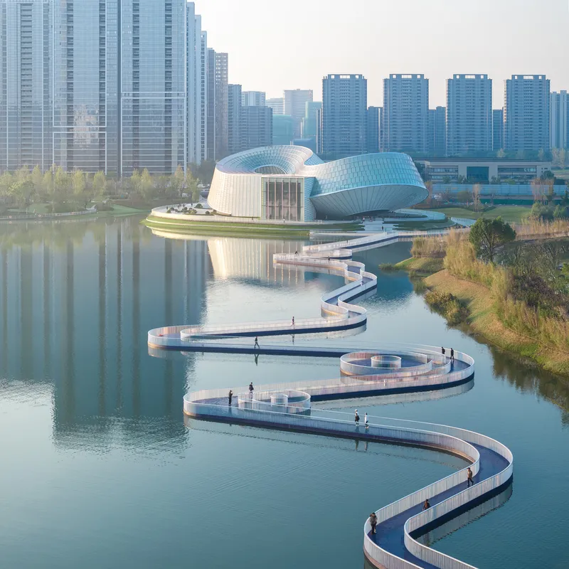 Zigzagging pedestrian bridge over the water connecting to the island with visitors walking along it