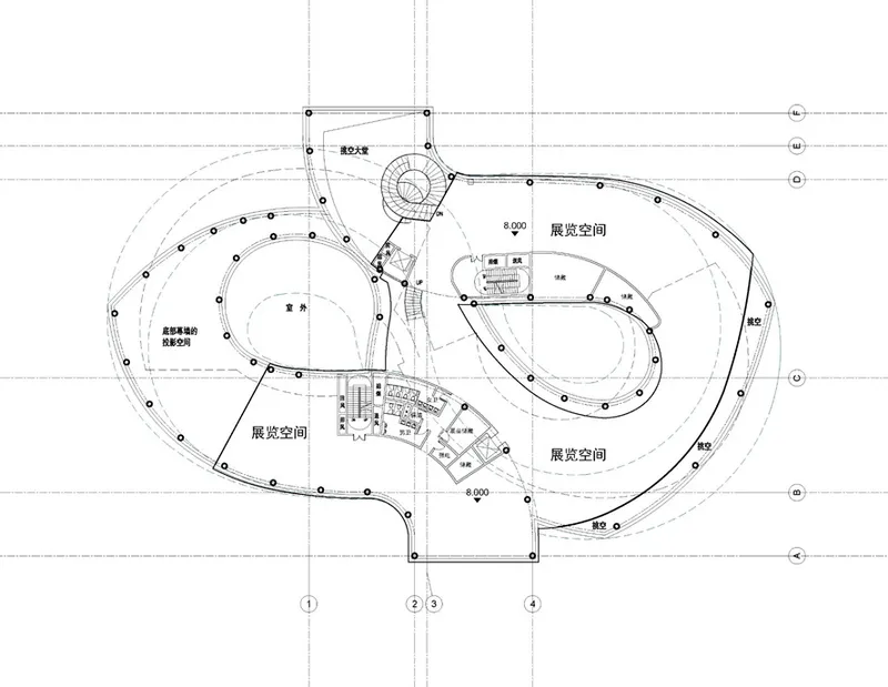 Floor plan drawing showing three interconnected oval volumes with exhibition spaces and central circulation