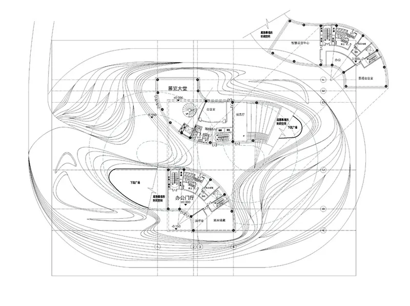 Site plan drawing with topographic contours showing the building footprints and surrounding landscape grades