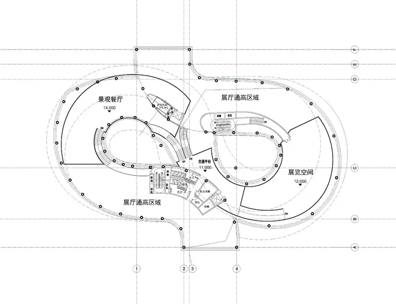 Floor plan drawing showing curved galleries surrounding a central core with dining and display areas