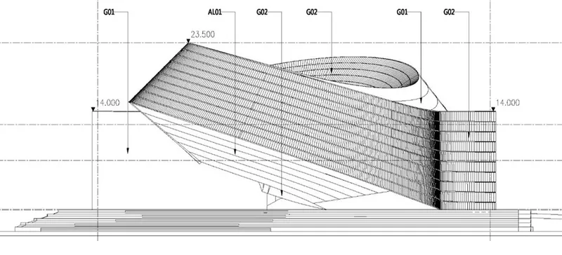 Elevation drawing depicting the flowing roof form with horizontal banding and vertical supports