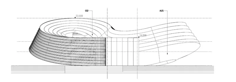 Section drawing showing the layered curved roof structure extending over a flat base