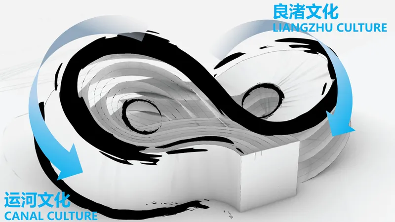 Conceptual rendering illustrating the interlocking looped form with directional circulation arrows