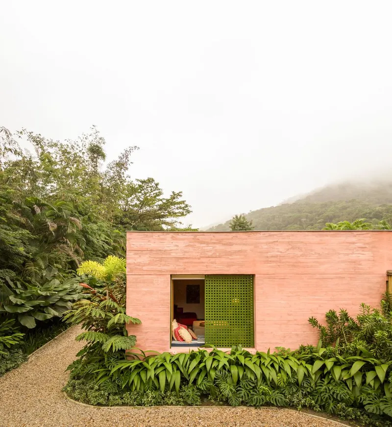 Horizontal timber facade with perforated green metal screen and planted bed in morning mist