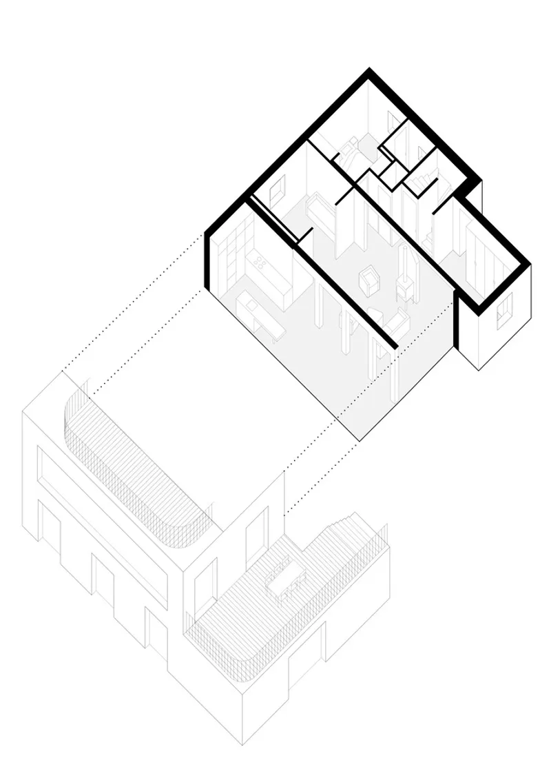Axonometric: the garden-side extension shown in relation to the existing floor plan above
