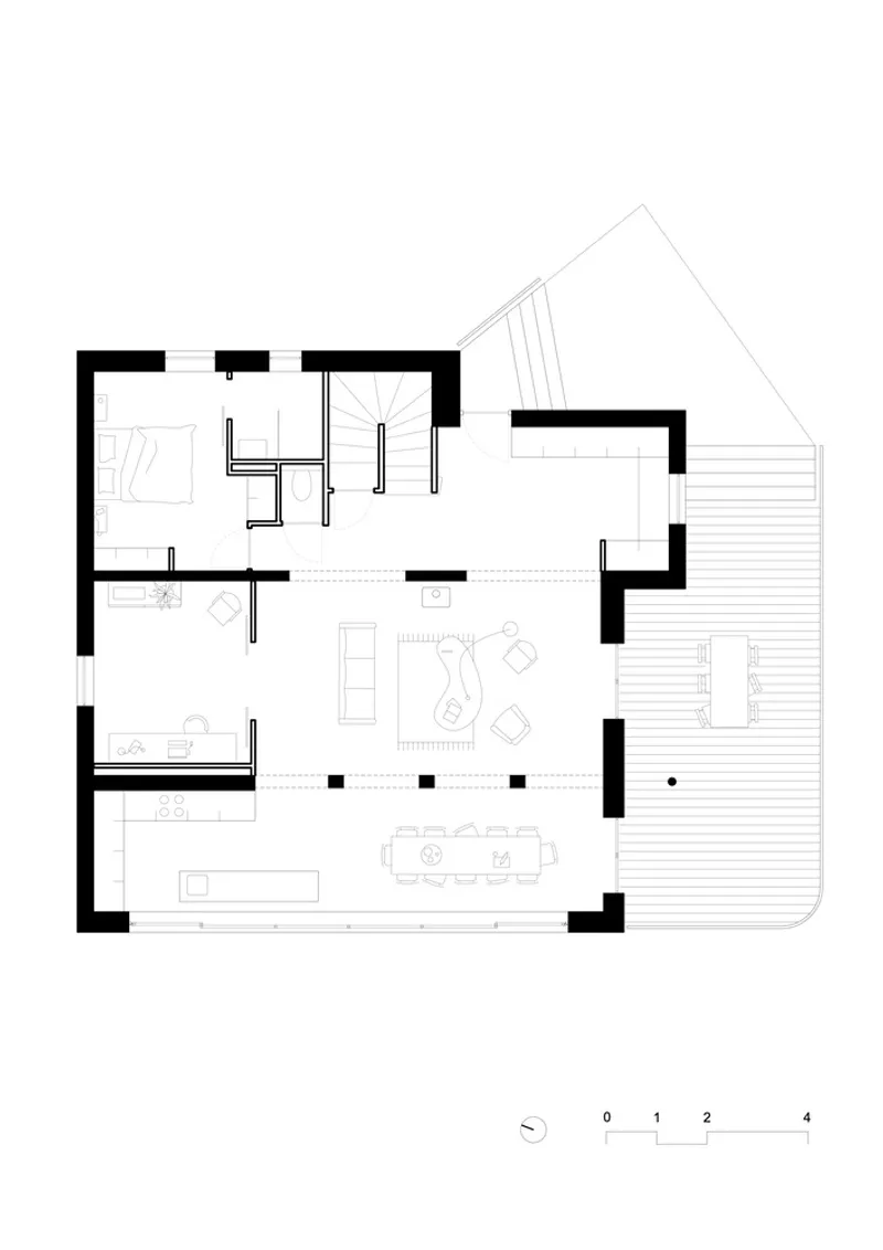 Floor plan: open-plan ground floor with kitchen, living, dining, bedroom, stair, and garden terrace