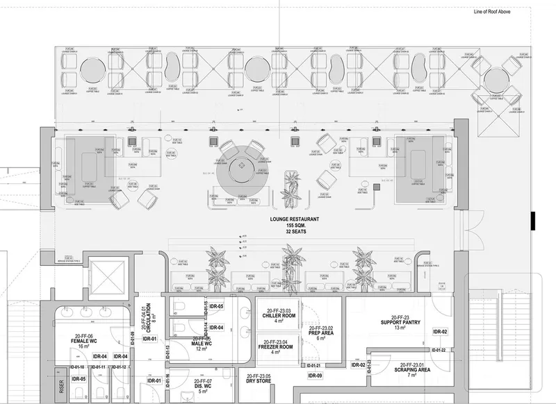 Ilios first-floor plan: lounge restaurant with terrace, VIP area, kitchen, bar