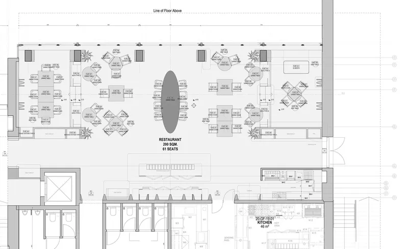 Nalu ground-floor plan: restaurant seating, bar, kitchen, outdoor terrace