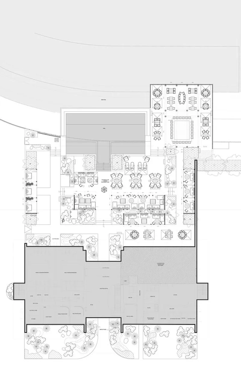 Nalu first-floor plan: restaurant with central feature, terrace bar, VIP lounge, service