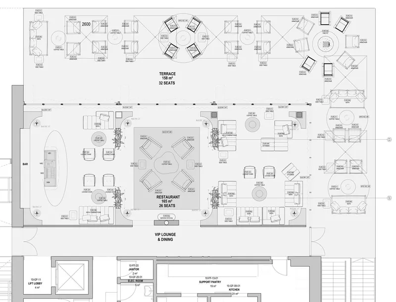 Nalu full-building plan: both floors with seating, kitchen, service, and back-of-house