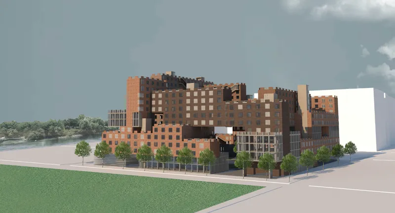 Exterior street view of Dynamic Square: a dense brick perimeter block with stepped massing steps back toward the rear, lined with trees on the ground floor