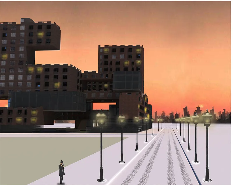 Night render: the warm glow of windows along the multi-volume composition in a snowy Moscow evening, with a tree-lined boulevard stretching into the distance