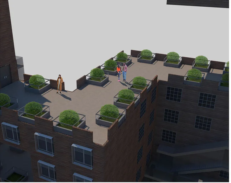 Roof terrace detail: a private upper deck with planter borders, benches, and residents enjoying a shared outdoor space high above the street