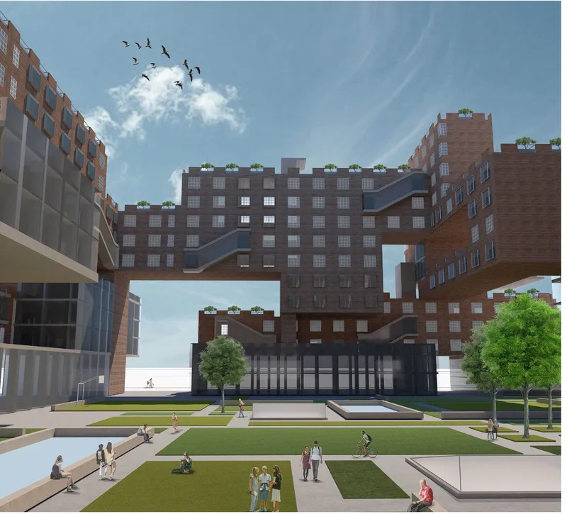 Central courtyard: brick-clad volumes wrap around a tiled plaza where residents gather, with horizontal sky-bridges linking the blocks overhead and planted edges at the sides