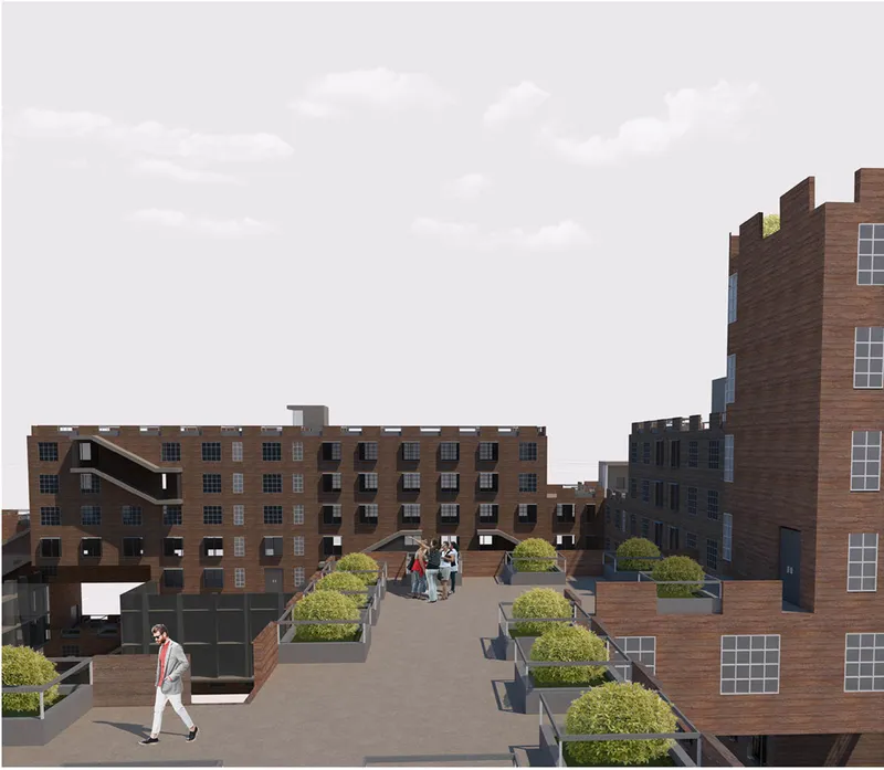 Rooftop pedestrian street: a planted deck links the upper floors of the block, with residents strolling between rows of clipped shrubs and other rooftop terraces