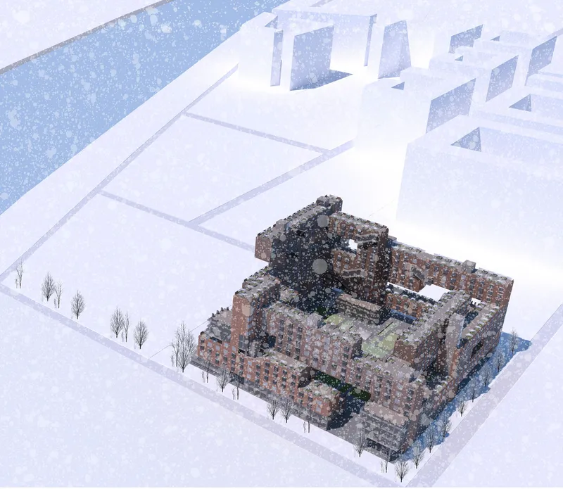 Snow-covered axonometric: the full Dynamic Square massing seen from above during winter, showing how the perimeter block, interior courtyard, and stepped roofscape work together
