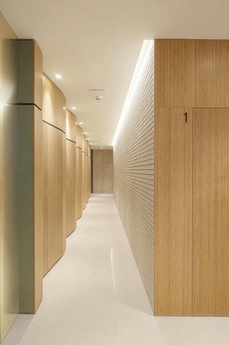 Internal corridor: timber-faced apartment doors, white walls, linear ceiling light strip, polished floor
