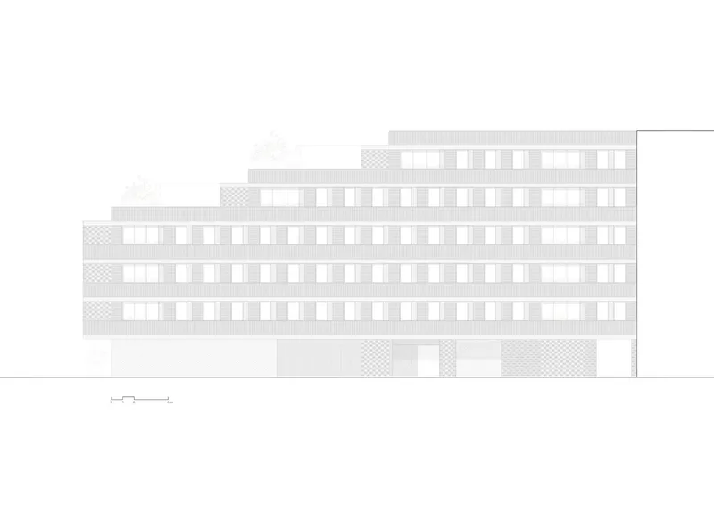South-west elevation: stepped roofline with balconies on every level, perforated ceramic base, windows and shutters drawn in detail