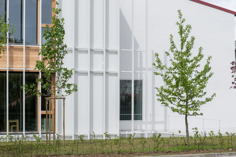 Corner detail: white vertical fins wrapping the corner, timber-framed window bay, newly planted young trees, grass