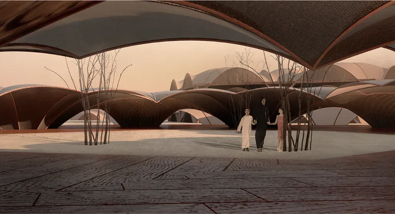 Shaded communal courtyard beneath arched canopies, with figures gathering under filtered light