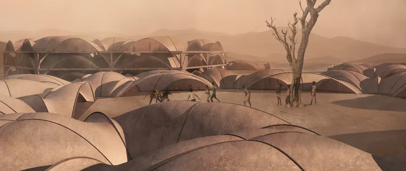 Cluster of low-profile domed shelters blending into the desert landscape