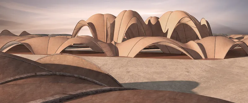 Layered arched structures rising from the sand dunes, showing the sculptural roof forms