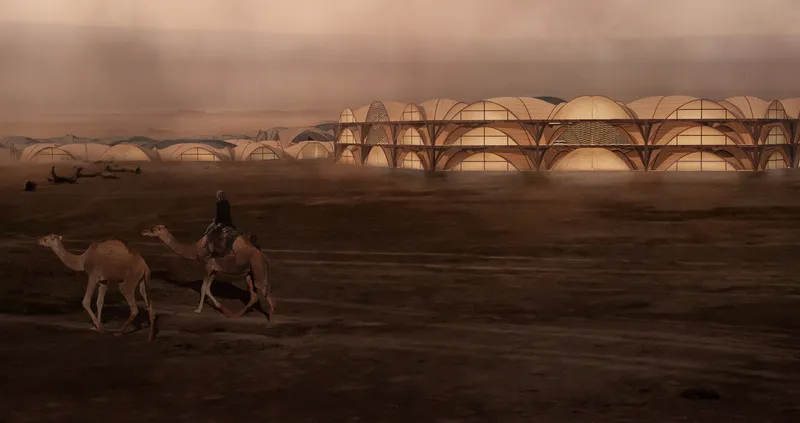 Arched settlement structures glowing at dusk, with a camel rider approaching across the desert