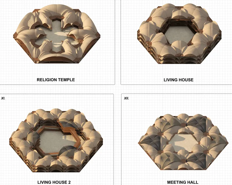 Modular building typologies: religion temple, living house variants, and meeting hall seen from above
