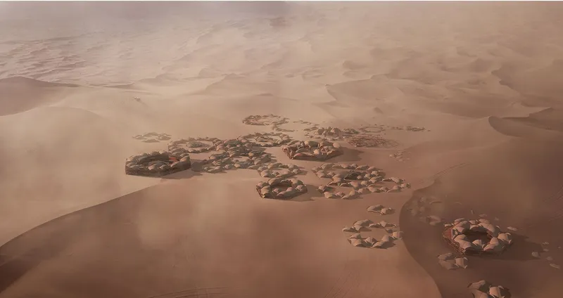 Aerial view of the expanding settlement spread across the Saharan dunes