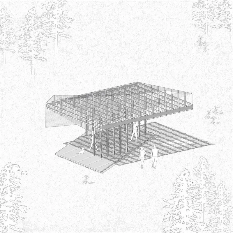 Axonometric drawing: the full pavilion showing the timber deck, column grid, truss roof, and overhanging red canopy in a landscape setting