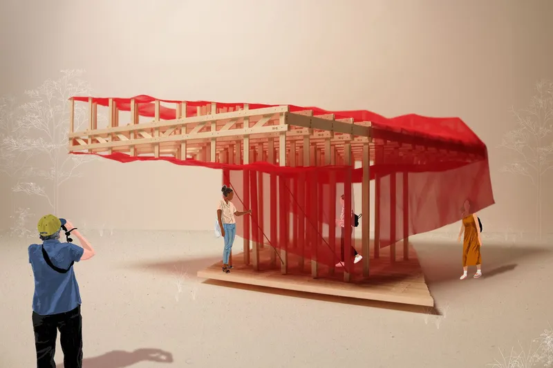 Rendered view: the final pavilion with full red mesh canopy, a photographer crouching at left, figures seated under the structure, warm render lighting