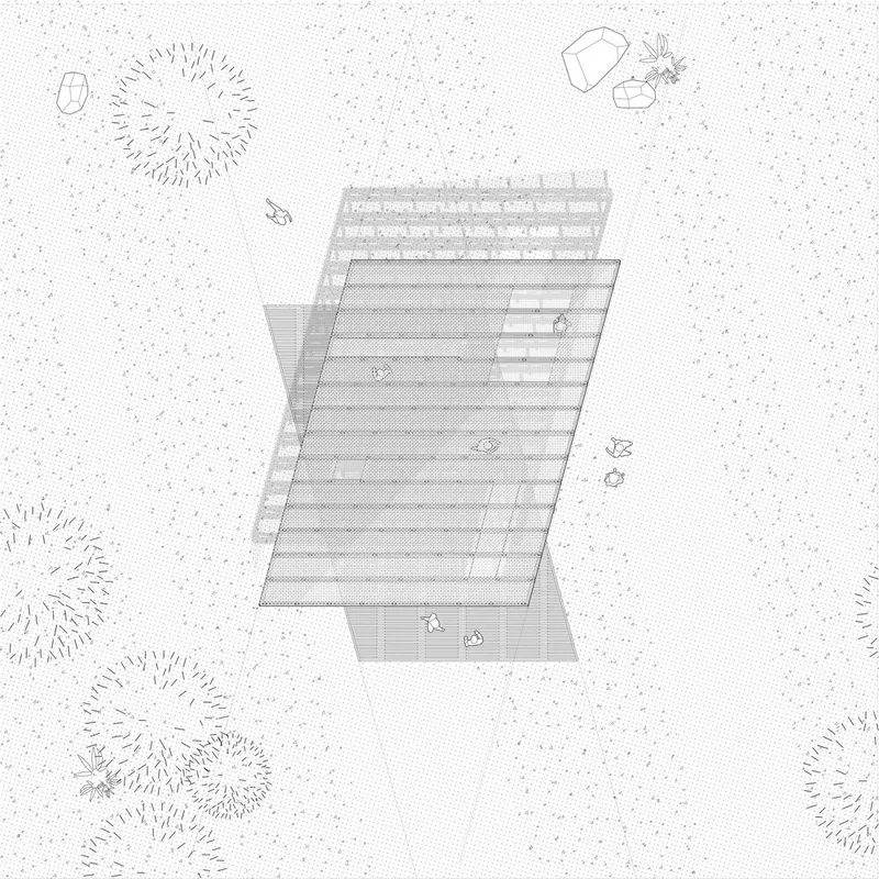Roof plan: the pavilion footprint from above with the truss grid and deck outline, sketched vegetation around the site