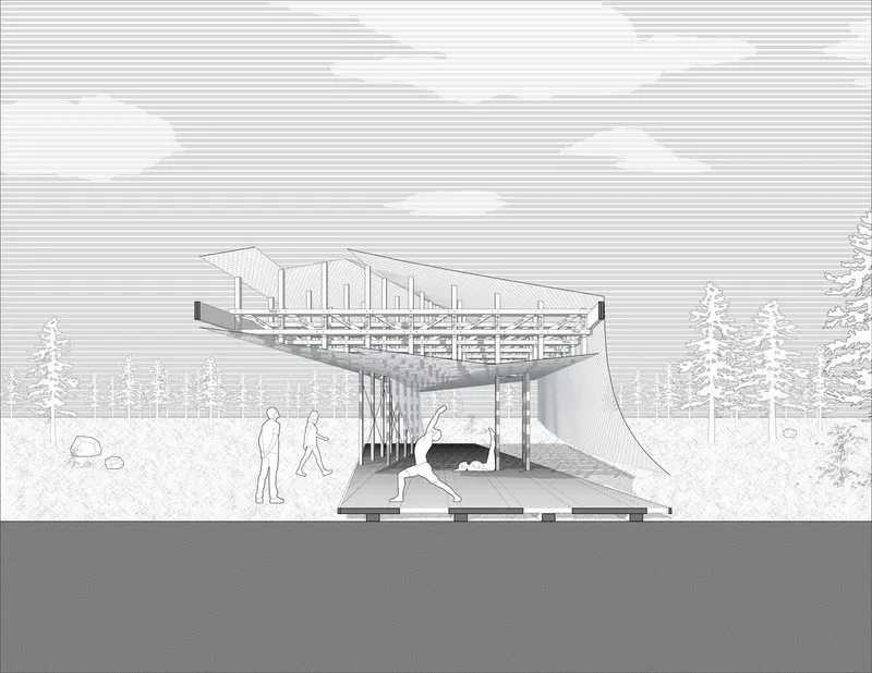 Elevation drawing: the pavilion from the side showing the truss roof, stepped stage seating, figures, a piano underneath, and trees in the distance