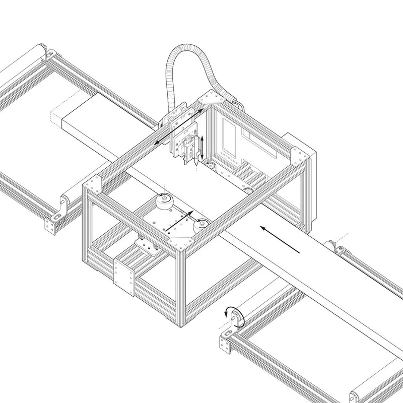 Robot axonometric: technical drawing of the custom timber-marking robot, showing the aluminium gantry, marking head, and rail arm