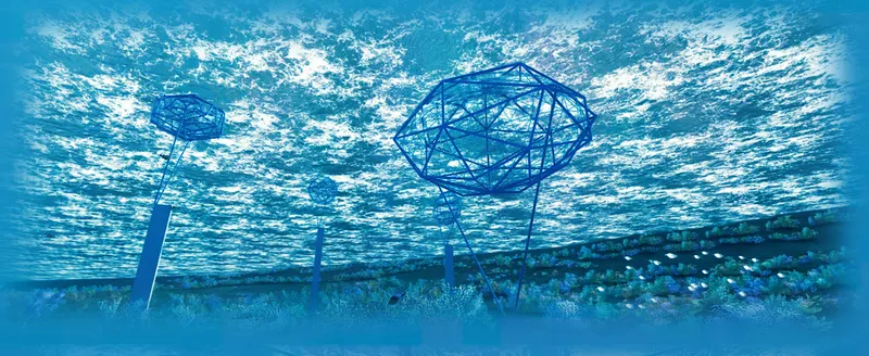 Underwater perspective looking up at the geodesic sphere structure with rippling water surface and sunlight breaking through