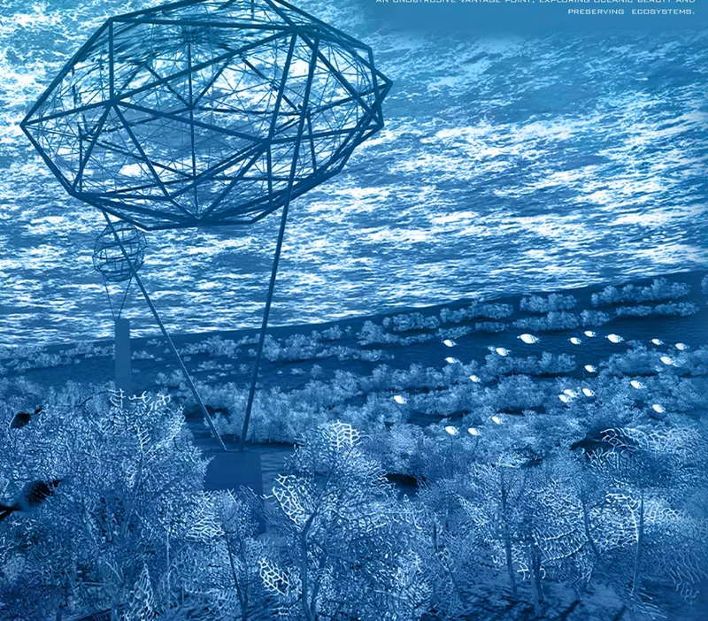 Underwater view of a geodesic steel sphere structure suspended above coral reef with fish swimming in the distance